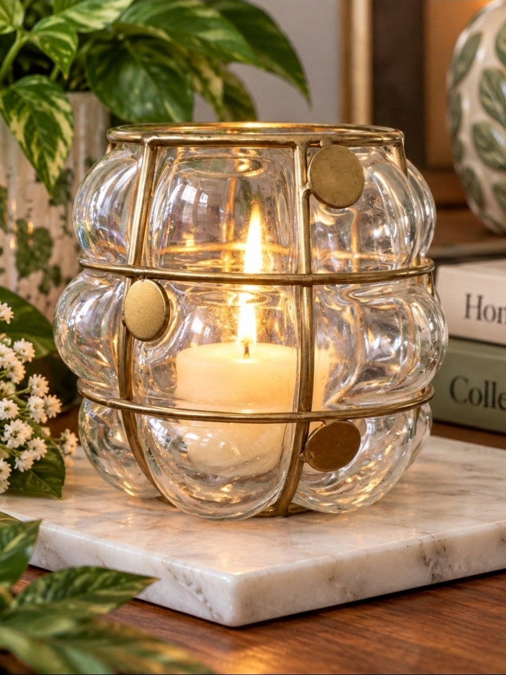 Anthropologie Louis Brass-Trim Caged Glass Bubble Candleholder